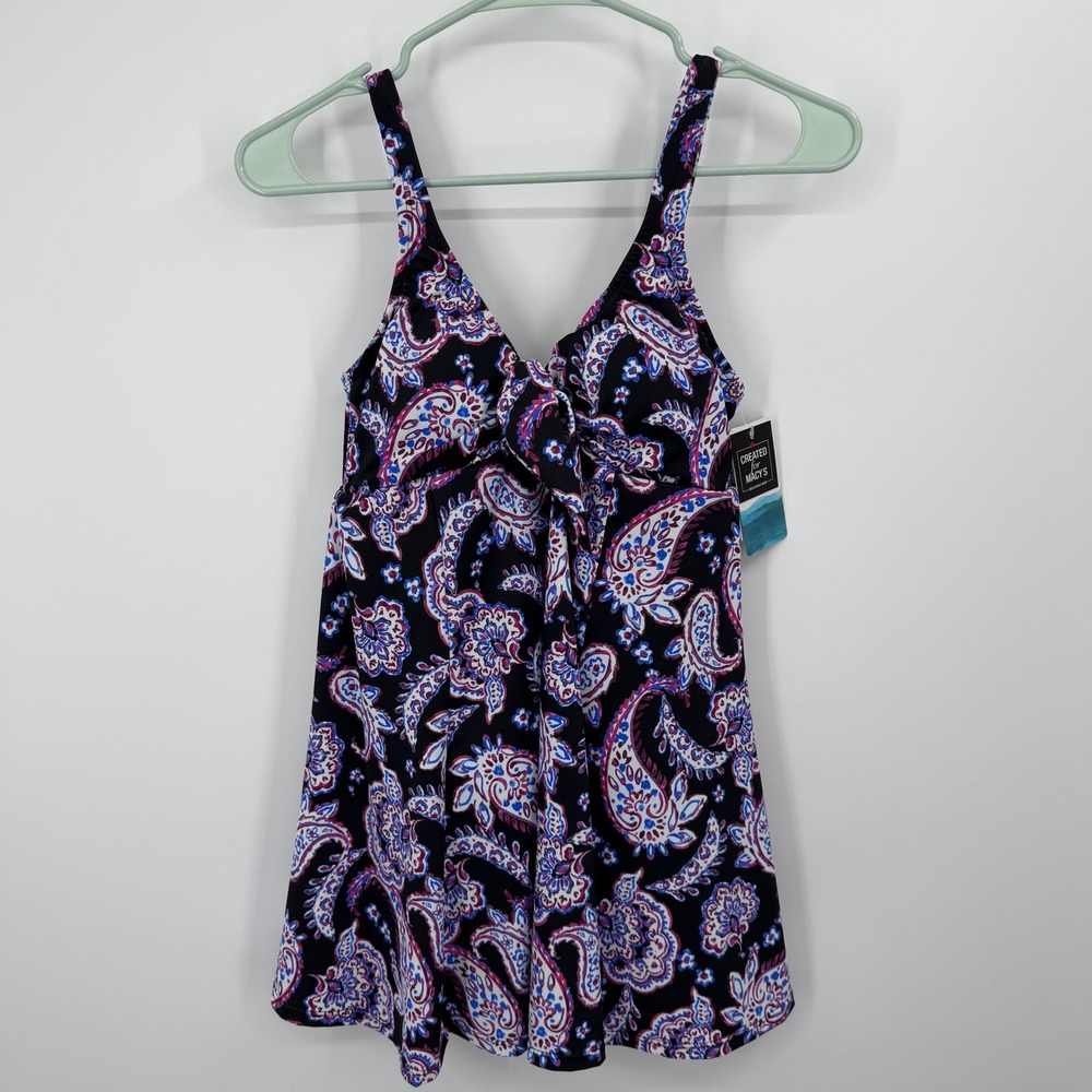 Swim Solutions Bow Front Swim Dress Womens Size 8 Black Multi Paisley NWT 807095